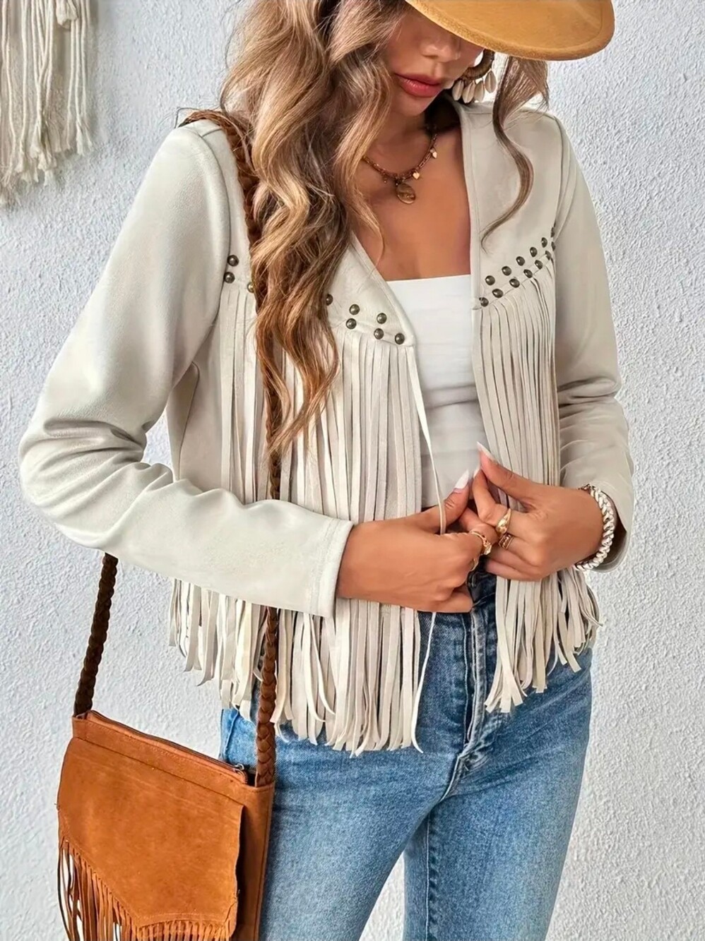 Women's Light Beige Studded Fringe Jacket Long Sleeve Lightweight
